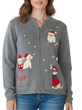 LIZ CLAIBORNE Crazy Horse Holiday Sweater in Gray/Red w/ Embroidered Dogs Sz XL